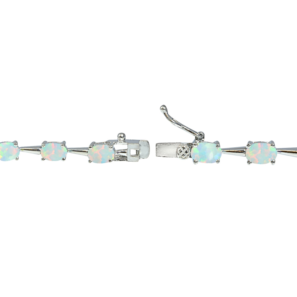 Sterling Silver Created White Opal 6x4mm Oval Classic Link Tennis Bracelet-2