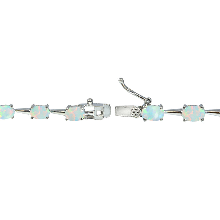Sterling Silver Created White Opal 6x4mm Oval Classic Link Tennis Bracelet