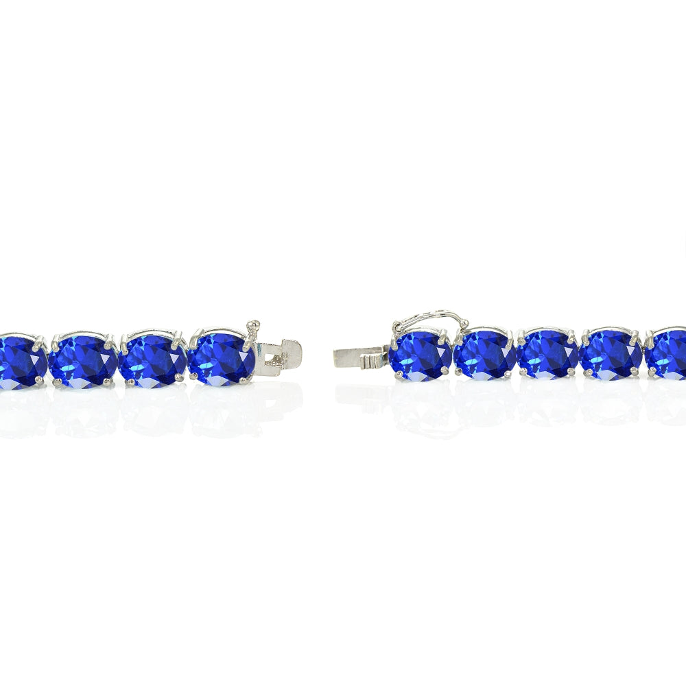 Sterling Silver Created Blue Sapphire 9x7mm Oval-cut Classic Tennis Bracelet-2