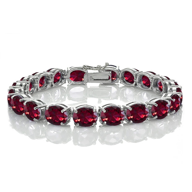 Sterling Silver 40ct Created Ruby 9x7mm Oval Tennis Bracelet