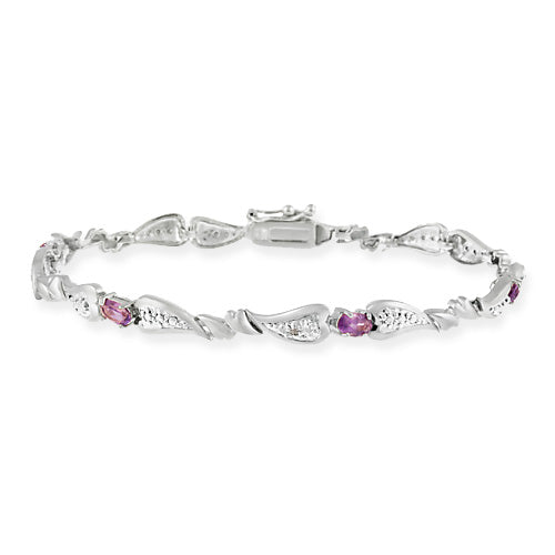 Sterling Silver Genuine Amethyst and Diamond Accent Heart Link Bracelet