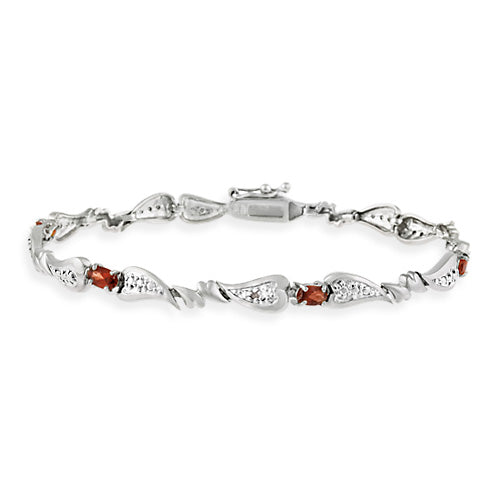Sterling Silver Genuine Garnet and Diamond Accent Heart Link Bracelet