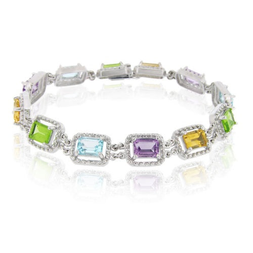 Sterling Silver 12.45ct. TGW Multi Gemstones Emerald Cut Link Bracelet
