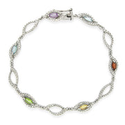 Sterling Silver Multi Gemstone & Diamond Accent Marquise Link Bracelet