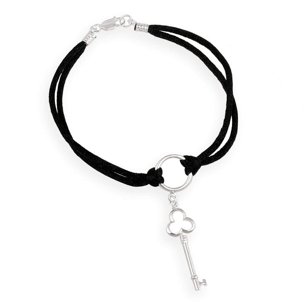 Sterling Silver Clover Key Charm on Silk Cord Bracelet