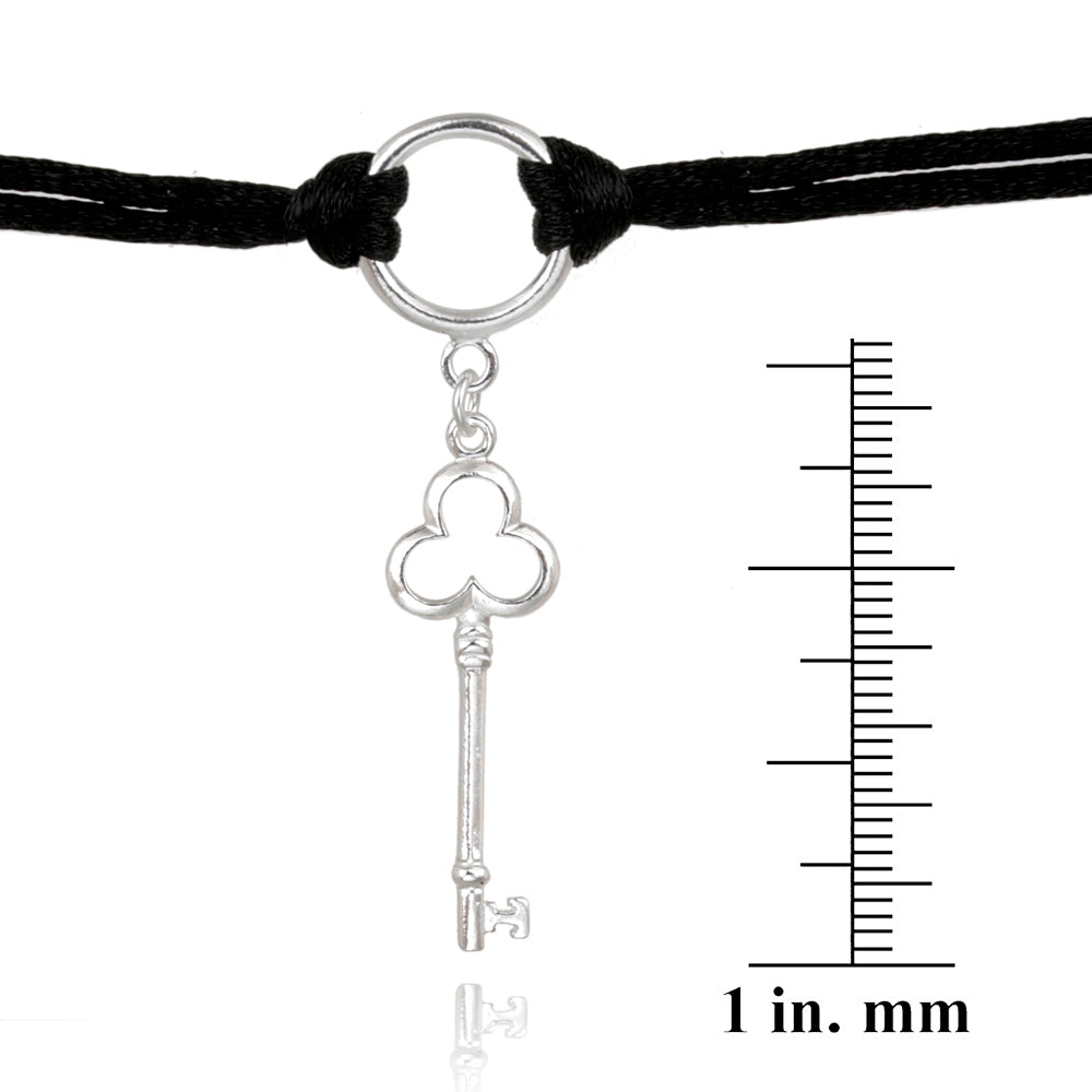 Sterling Silver Clover Key Charm on Silk Cord Bracelet-3