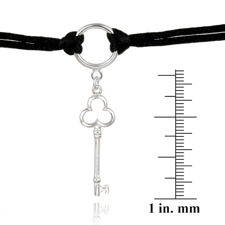 Sterling Silver Clover Key Charm on Silk Cord Bracelet