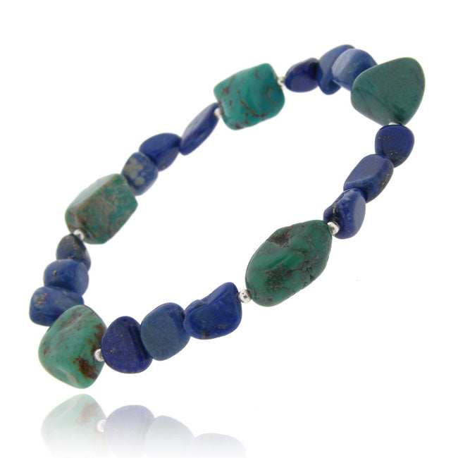Denim Lapis, Created Turquoise Chips & Nuggets Stretch Bracelet w/ Sterling Silver Beads-2