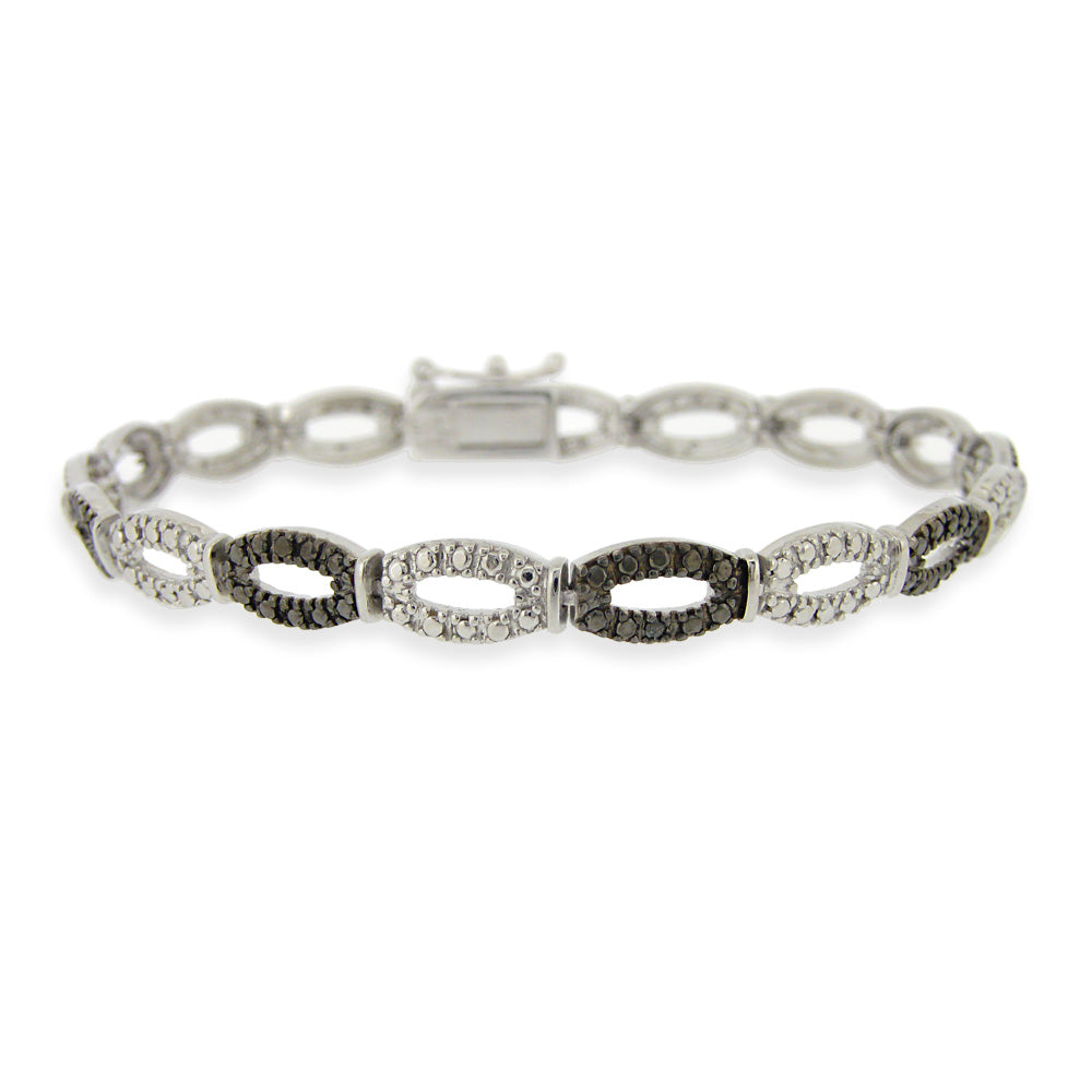 Sterling Silver Black Diamond Accent Oval Links Bracelet