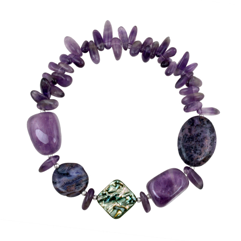 Abalone, Amethyst Chips & Nuggets Fashion Stretch Bracelet w/Silver Beads