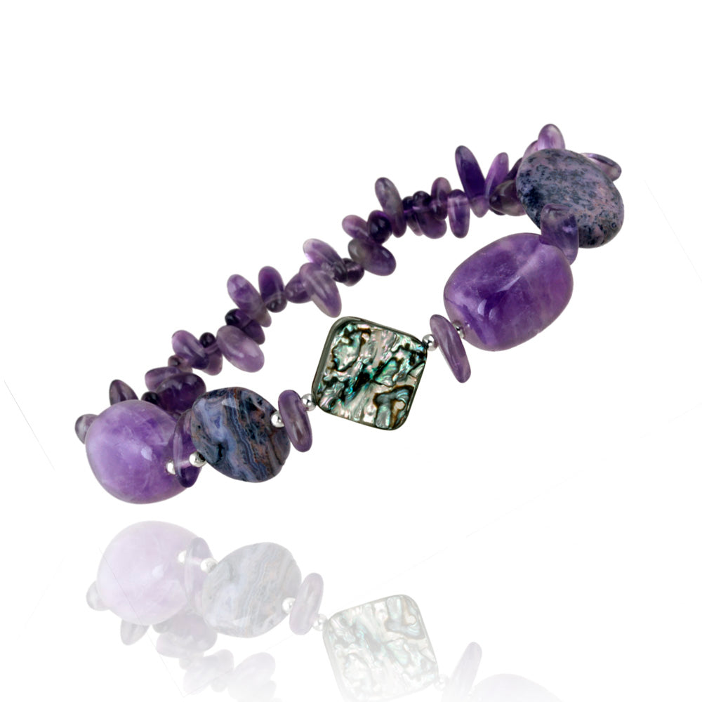 Abalone, Amethyst Chips & Nuggets Fashion Stretch Bracelet w/Silver Beads-2