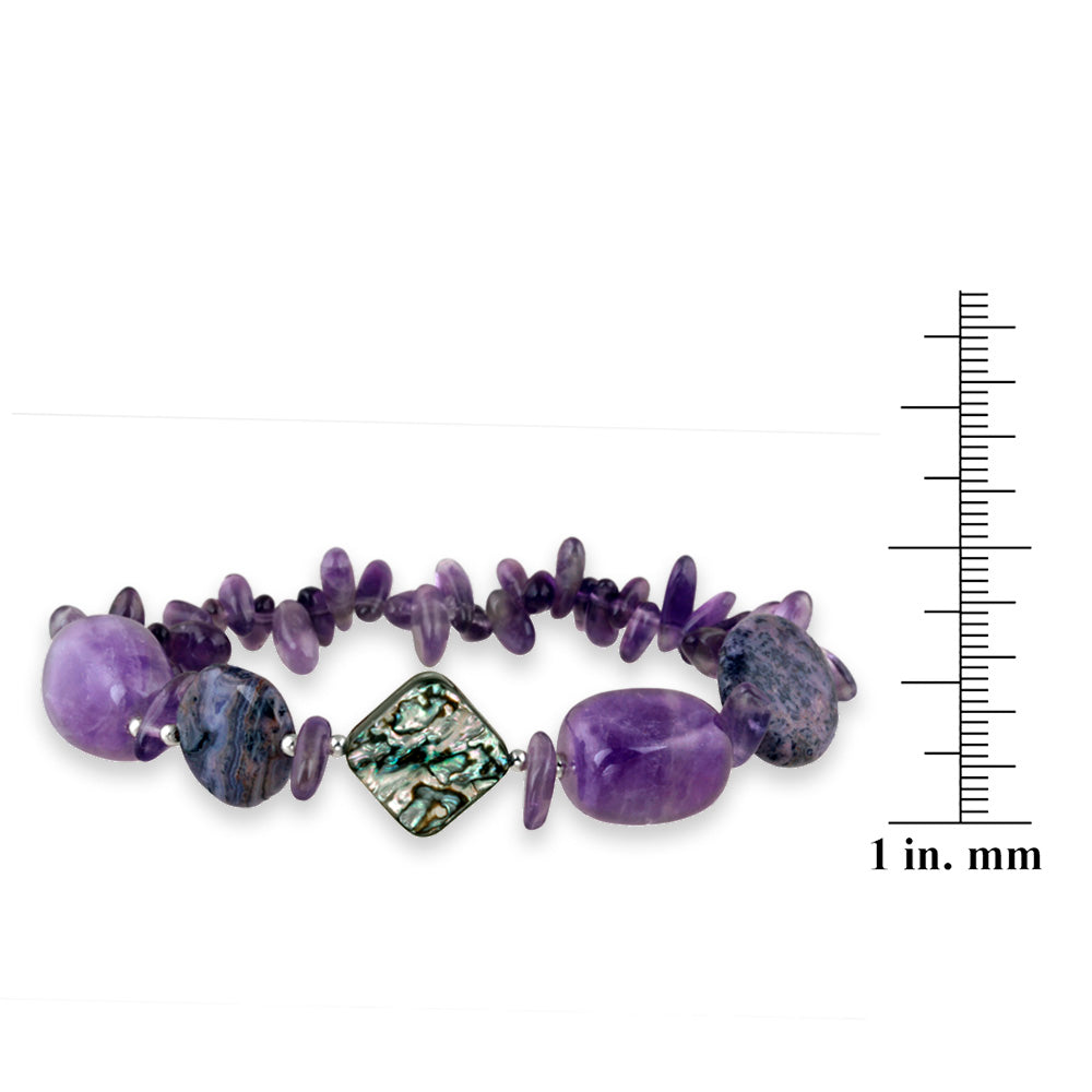 Abalone, Amethyst Chips & Nuggets Fashion Stretch Bracelet w/Silver Beads-3
