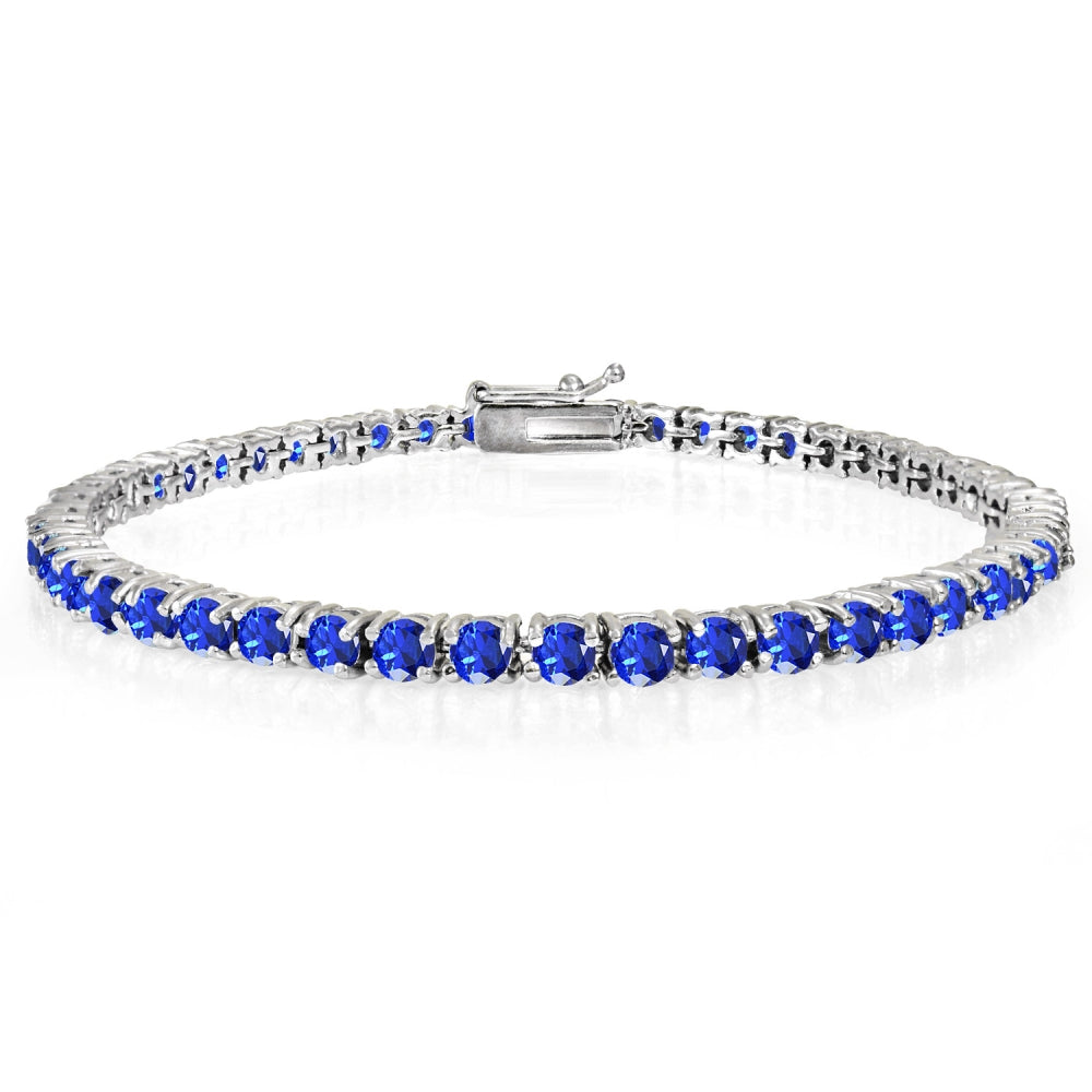 Sterling Silver Created Blue Sapphire 3mm Round Classic Tennis Bracelet