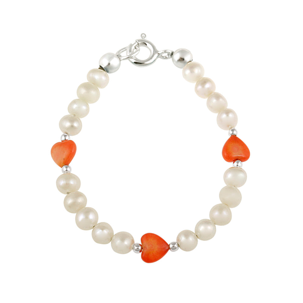 Sterling Silver White Freshwater Cultured Pearls & Coral Hearts Baby Bracelet, 5"