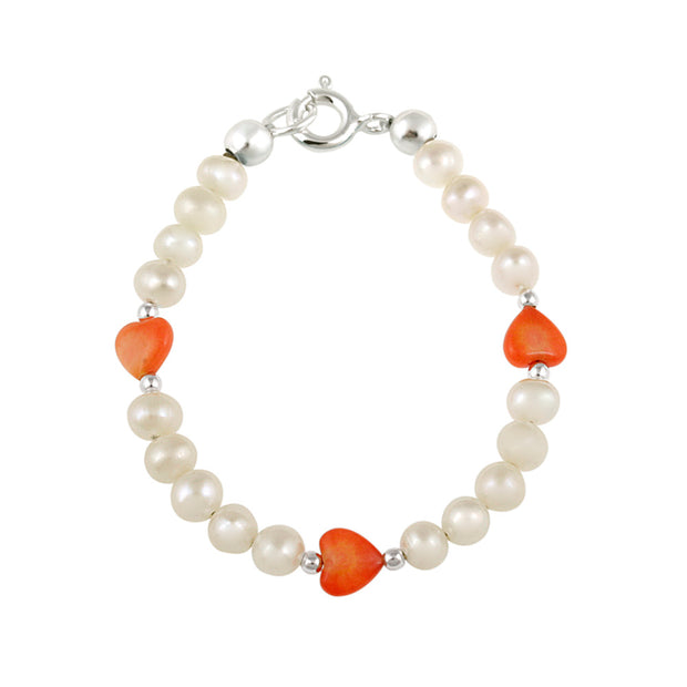 Sterling Silver White Freshwater Cultured Pearls & Coral Hearts Baby Bracelet, 5"