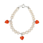 Sterling Silver White Freshwater Pearls & Coral Dangling Hearts Baby Bracelet, 4 Inches