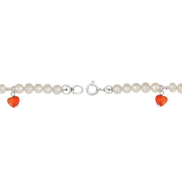 Sterling Silver White Freshwater Pearls & Coral Dangling Hearts Baby Bracelet, 4 Inches