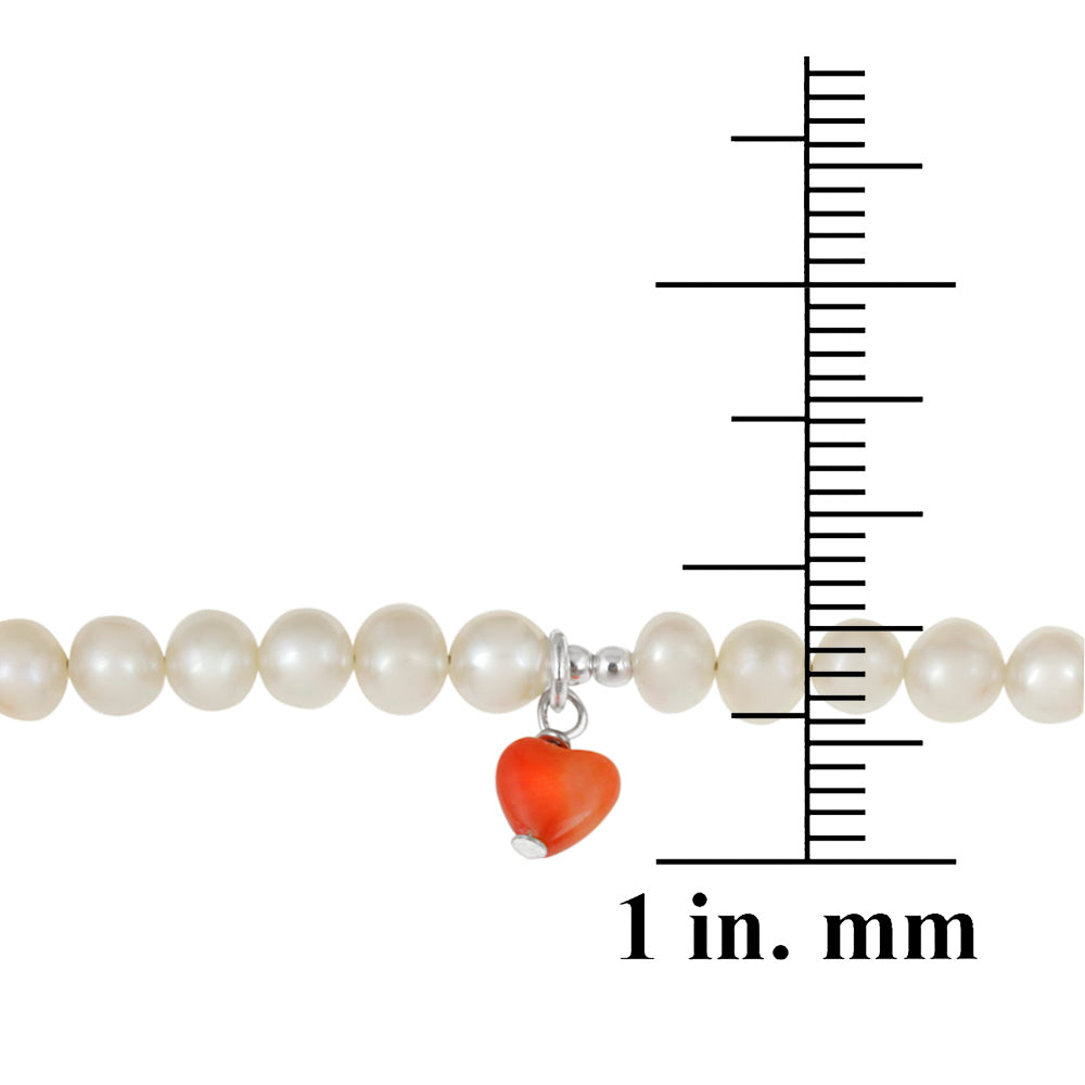 Sterling Silver White Freshwater Pearls & Coral Dangling Hearts Baby Bracelet, 4 Inches-3