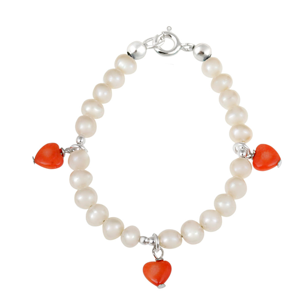 Sterling Silver White Freshwater Pearls & Coral Dangling Hearts Baby Bracelet