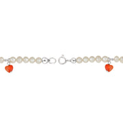 Sterling Silver White Freshwater Pearls & Coral Dangling Hearts Baby Bracelet