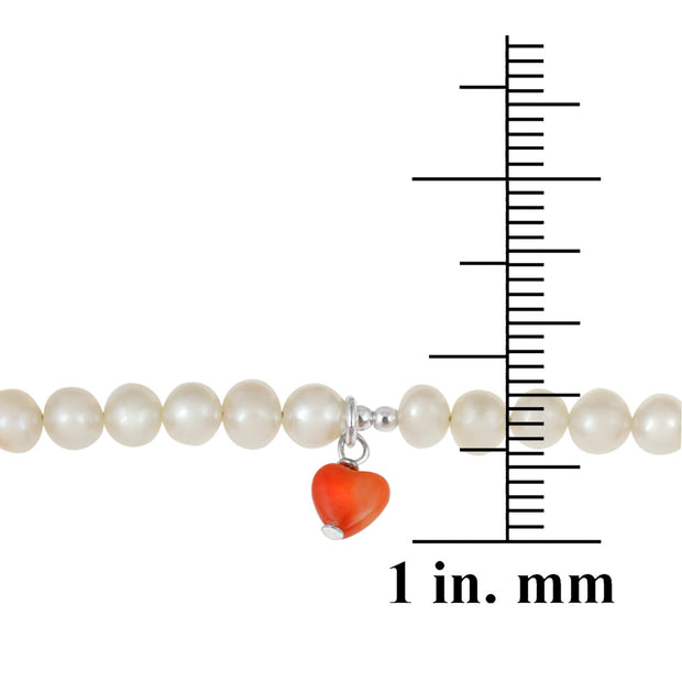 Sterling Silver White Freshwater Pearls & Coral Dangling Hearts Baby Bracelet