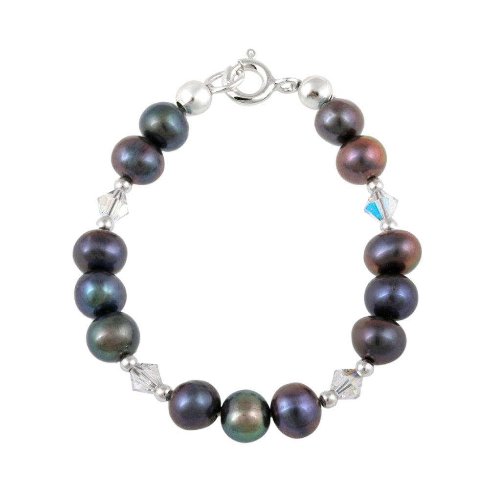 Sterling Silver Peacock Freshwater Pearls & Clear Swarovski Elements Baby Bracelet, 5 Inches