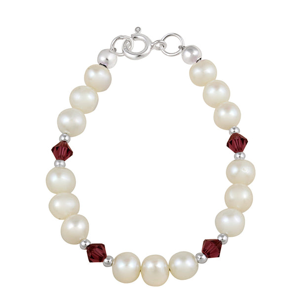 Sterling Silver White Freshwater Pearls & Ruby Swarovski Elements Baby Bracelet, 5 Inches