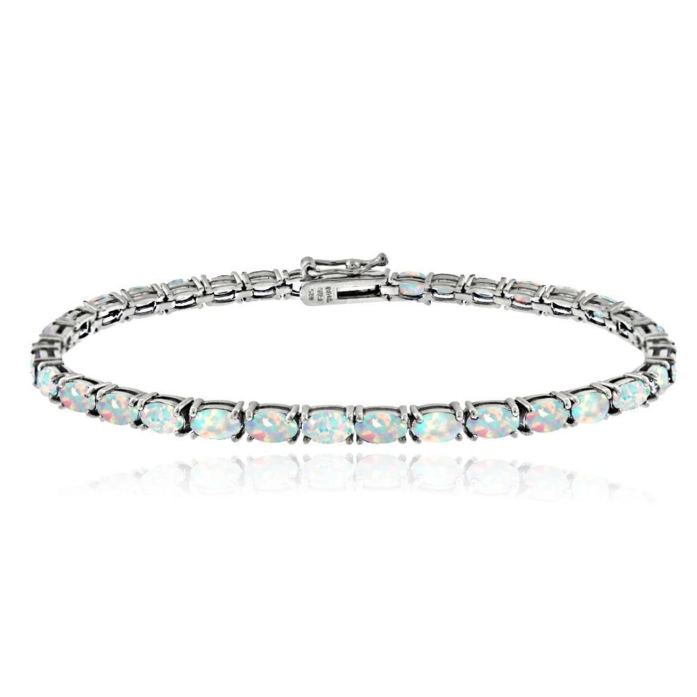 Sterling Silver 3.1 ct Created Opal 5x3mm Oval Tennis Bracelet