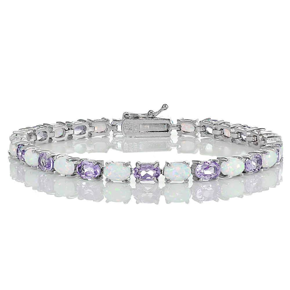 Sterling Silver Amethyst and Created White Opal 6x4mm Oval Tennis Bracelet