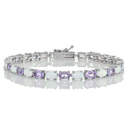 Sterling Silver Amethyst and Created White Opal 6x4mm Oval Tennis Bracelet
