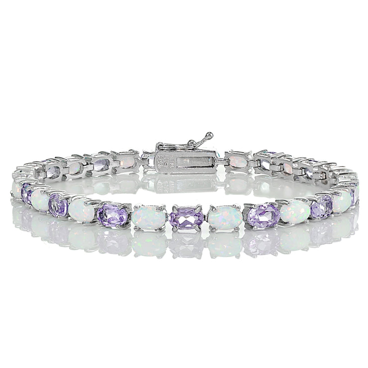 Sterling Silver Amethyst and Created White Opal 6x4mm Oval Tennis Bracelet
