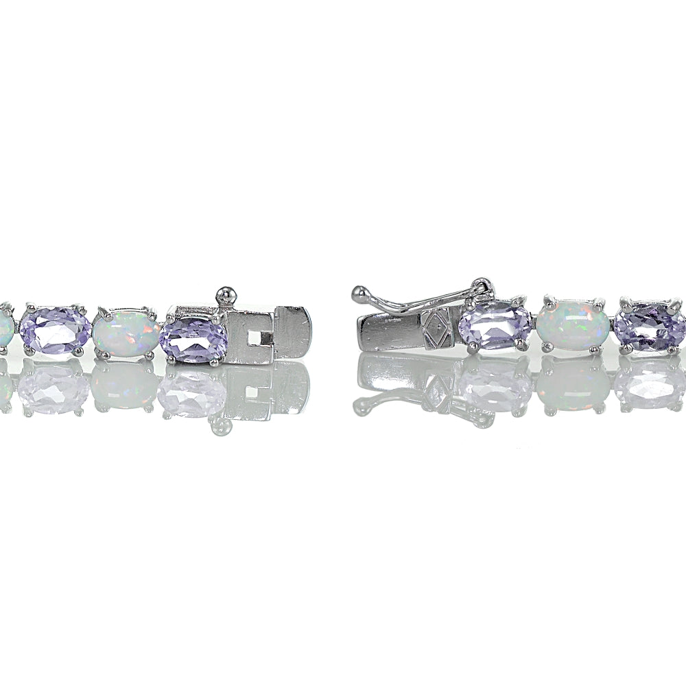 Sterling Silver Amethyst and Created White Opal 6x4mm Oval Tennis Bracelet-2