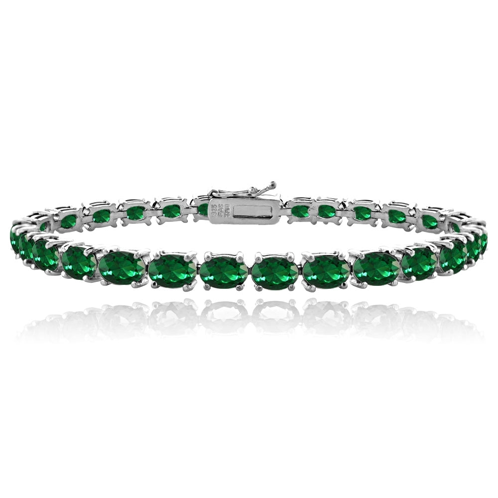 Sterling Silver 9.5ct Created Emerald 6x4mm Oval Tennis Bracelet