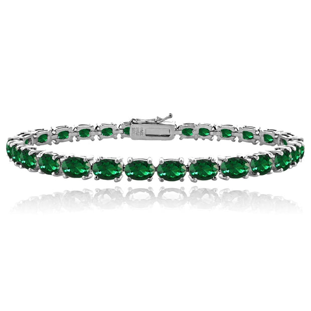 Sterling Silver 9.5ct Created Emerald 6x4mm Oval Tennis Bracelet