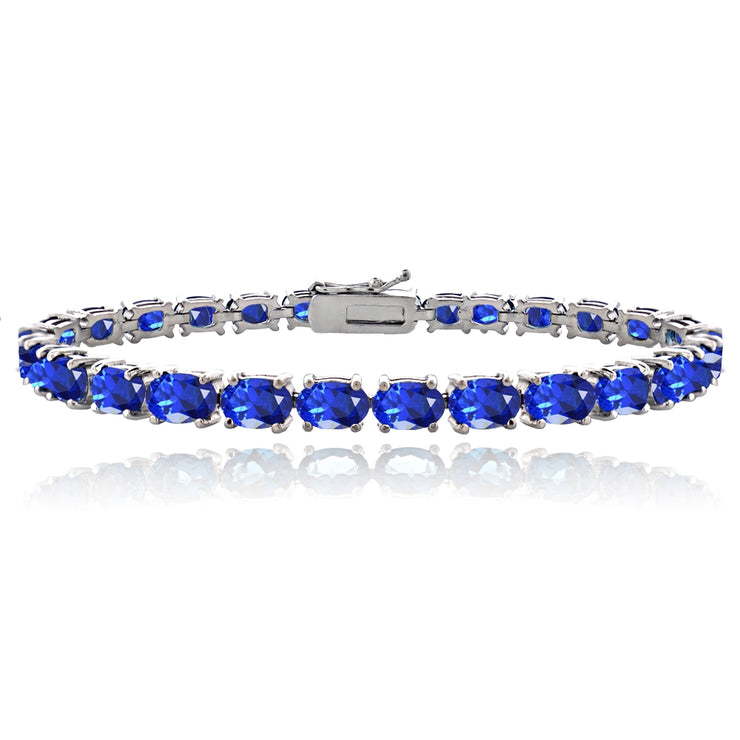 Sterling Silver Created Blue Sapphire 6x4mm Oval-cut Classic Tennis Bracelet