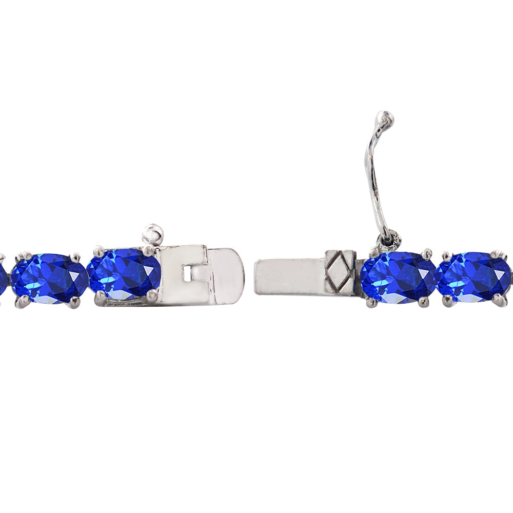 Sterling Silver Created Blue Sapphire 6x4mm Oval-cut Classic Tennis Bracelet-2