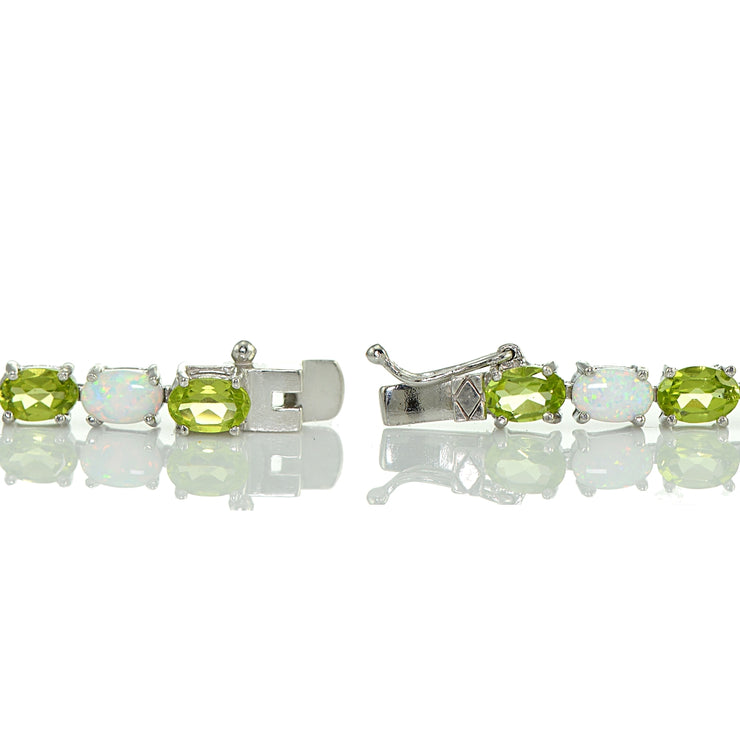 Sterling Silver Peridot and Created White Opal 6x4mm Oval Tennis Bracelet