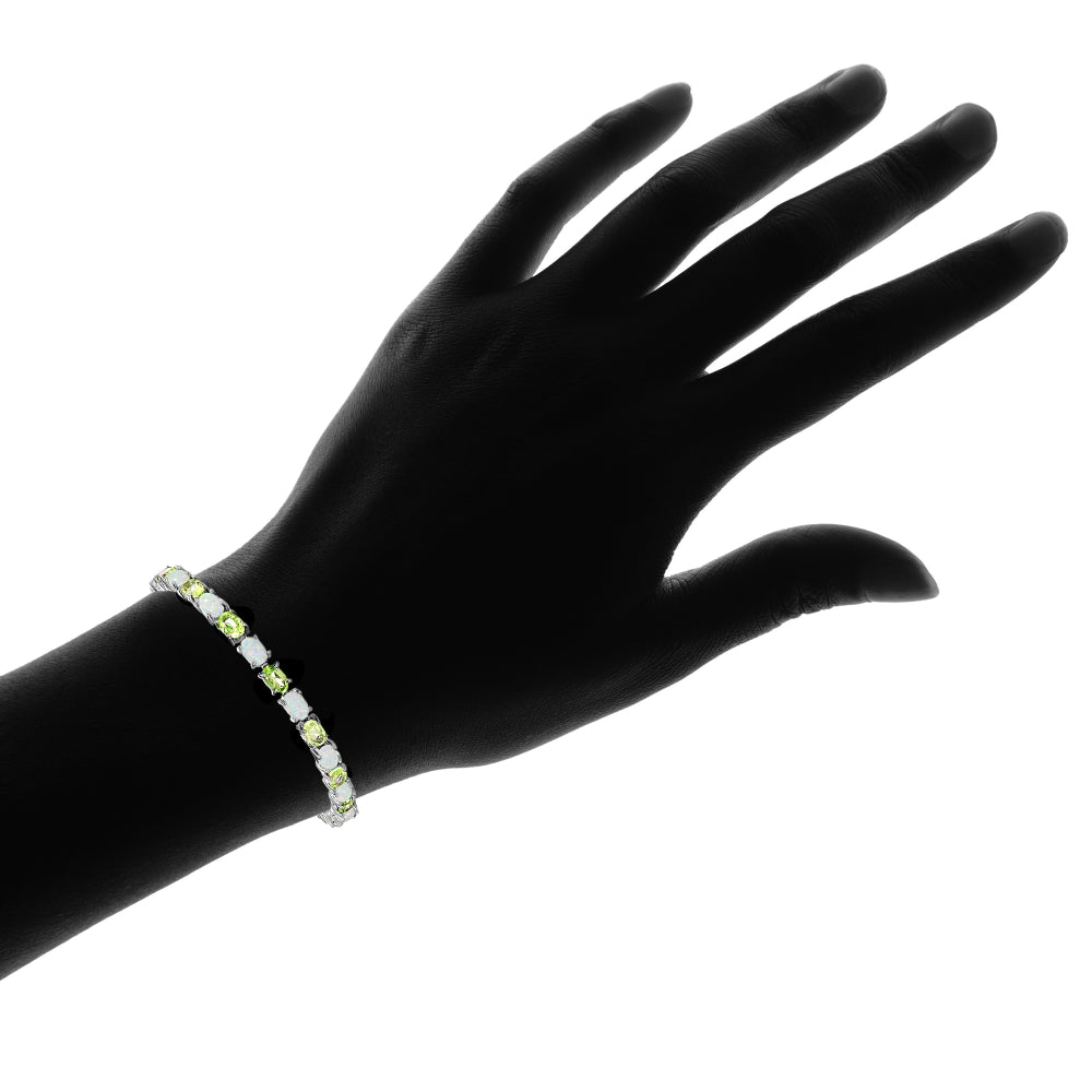 Sterling Silver Peridot and Created White Opal 6x4mm Oval Tennis Bracelet-4