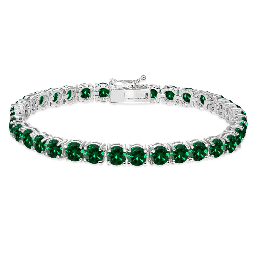 Sterling Silver 5mm Created Emerald Round-cut Tennis Bracelet