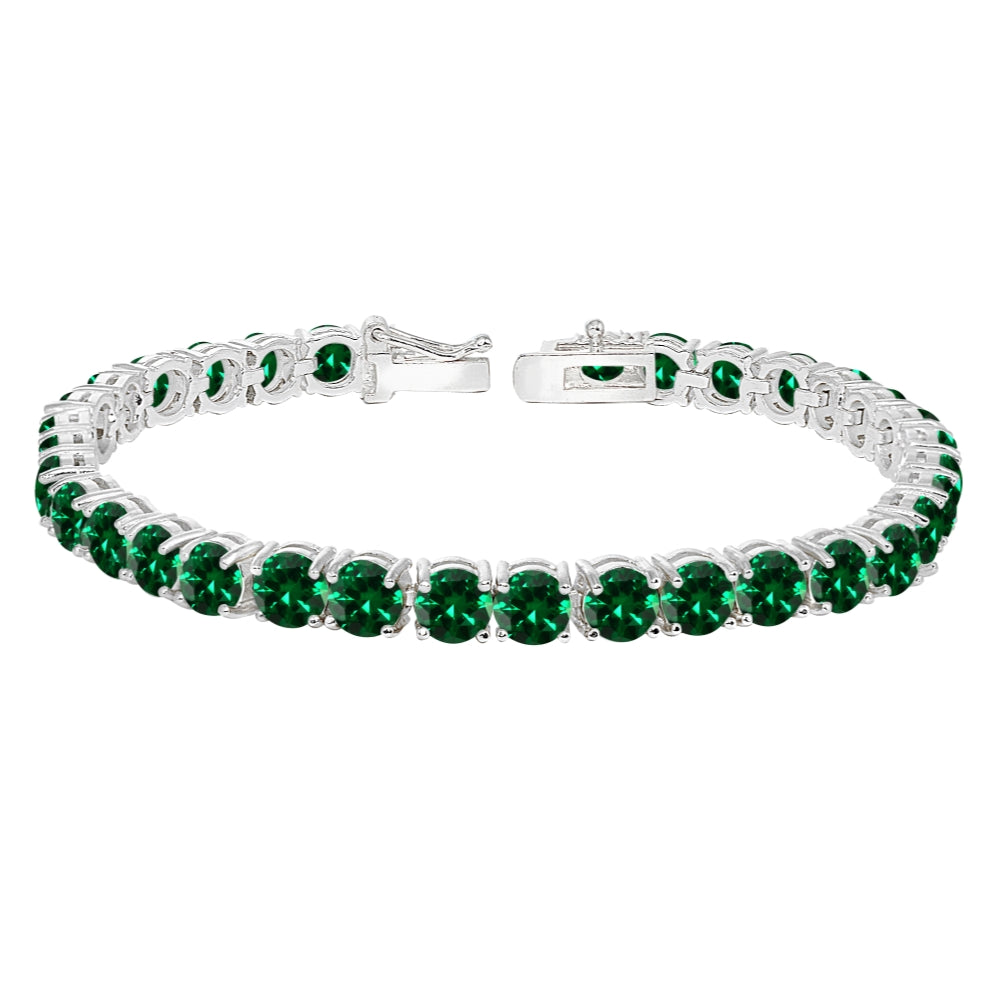 Sterling Silver 5mm Created Emerald Round-cut Tennis Bracelet-5