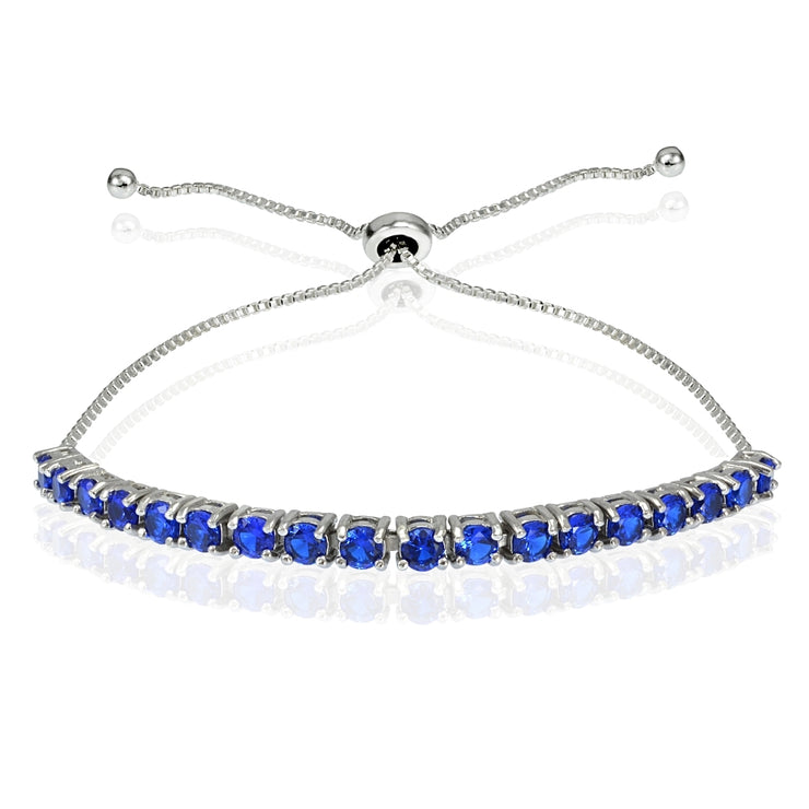 Sterling Silver 3mm Created Blue Sapphire Round-cut Adjustable Bracelet