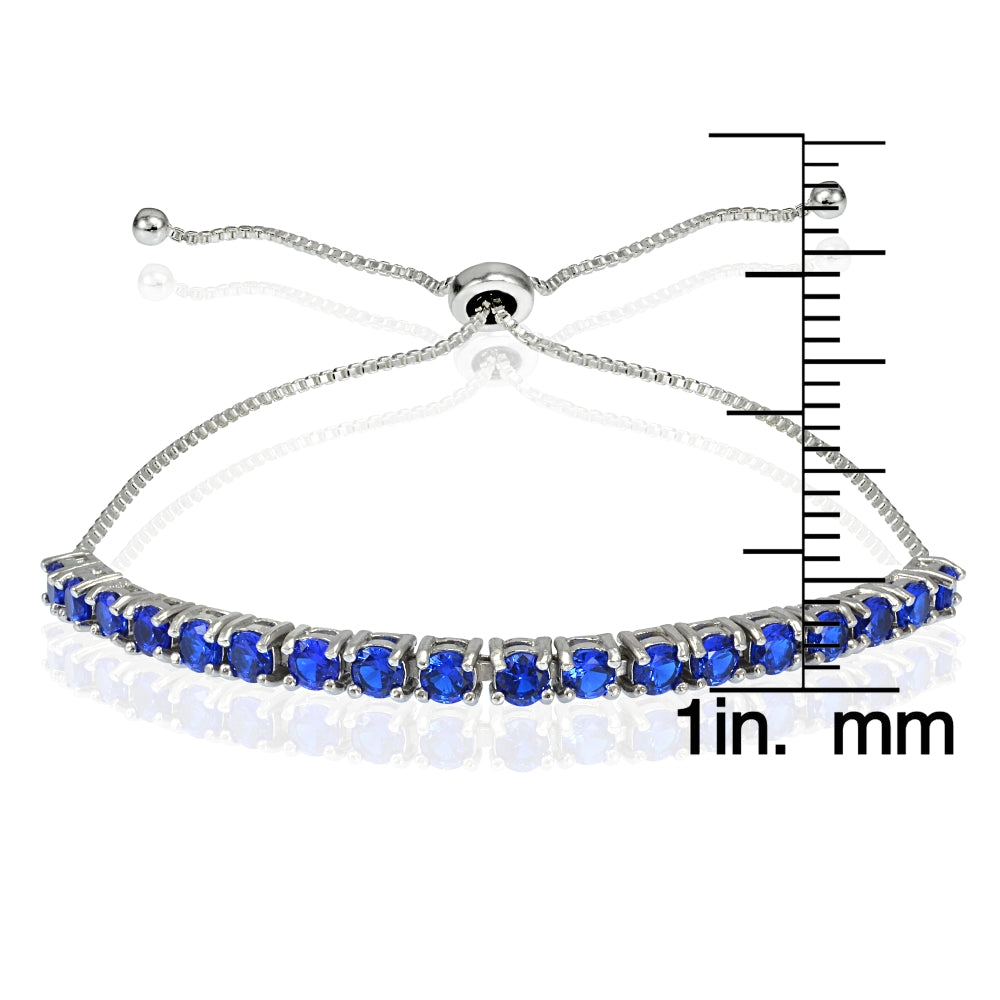 Sterling Silver Created Blue Sapphire 3mm Round Adjustable Bracelet-4