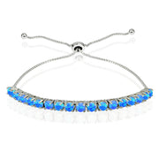 Sterling Silver 3mm Round Created Blue Opal Adjustable Pull-string Bolo Tennis Bracelet