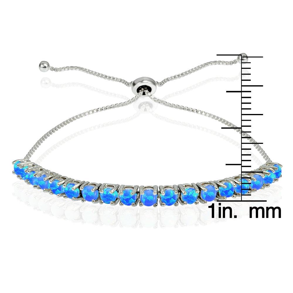 Sterling Silver 3mm Round Created Blue Opal Adjustable Pull-string Bolo Tennis Bracelet-3