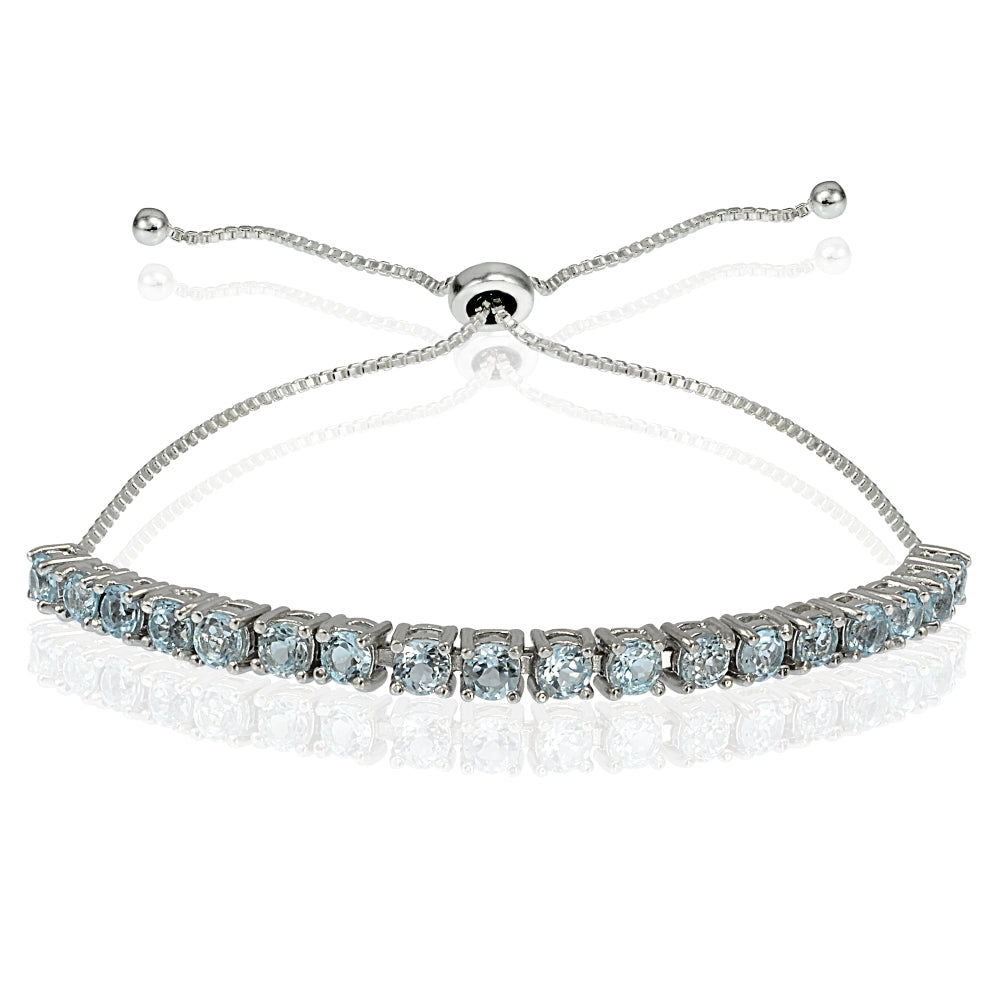 Sterling Silver 3mm Blue Topaz Round-cut Adjustable Bracelet