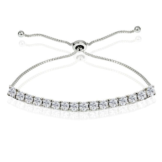 Sterling Silver 3mm Created White Sapphire Round-cut Chain Adjustable Pull-String Bolo Slider Tennis Bracelet for Women Teens Girls