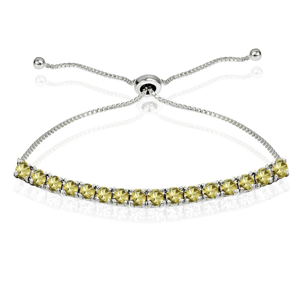 Sterling Silver 3mm Citrine Round-cut Chain Adjustable Pull-String Bolo Slider Tennis Bracelet for Women Teens Girls