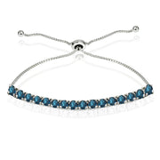 Sterling Silver 3mm London Blue Topaz Round-cut Chain Adjustable Pull-String Bolo Slider Tennis Bracelet for Women Teens Girls
