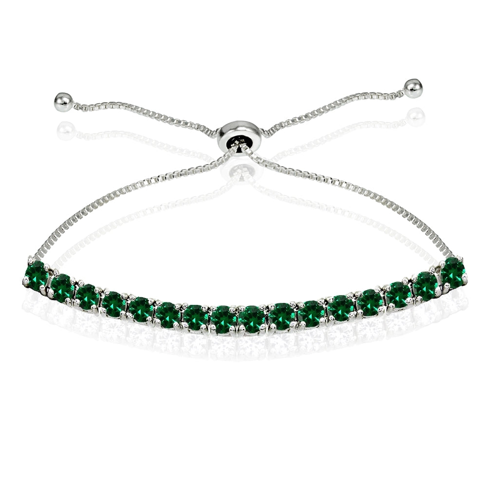 Sterling Silver 3mm Simulated Emerald Round-cut Chain Adjustable Pull-String Bolo Slider Tennis Bracelet for Women Teens Girls
