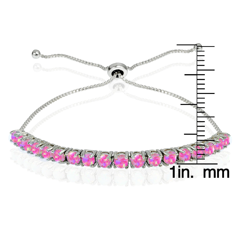 Sterling Silver 3mm Round Created Pink Opal Adjustable Pull-string Bolo Tennis Bracelet-3